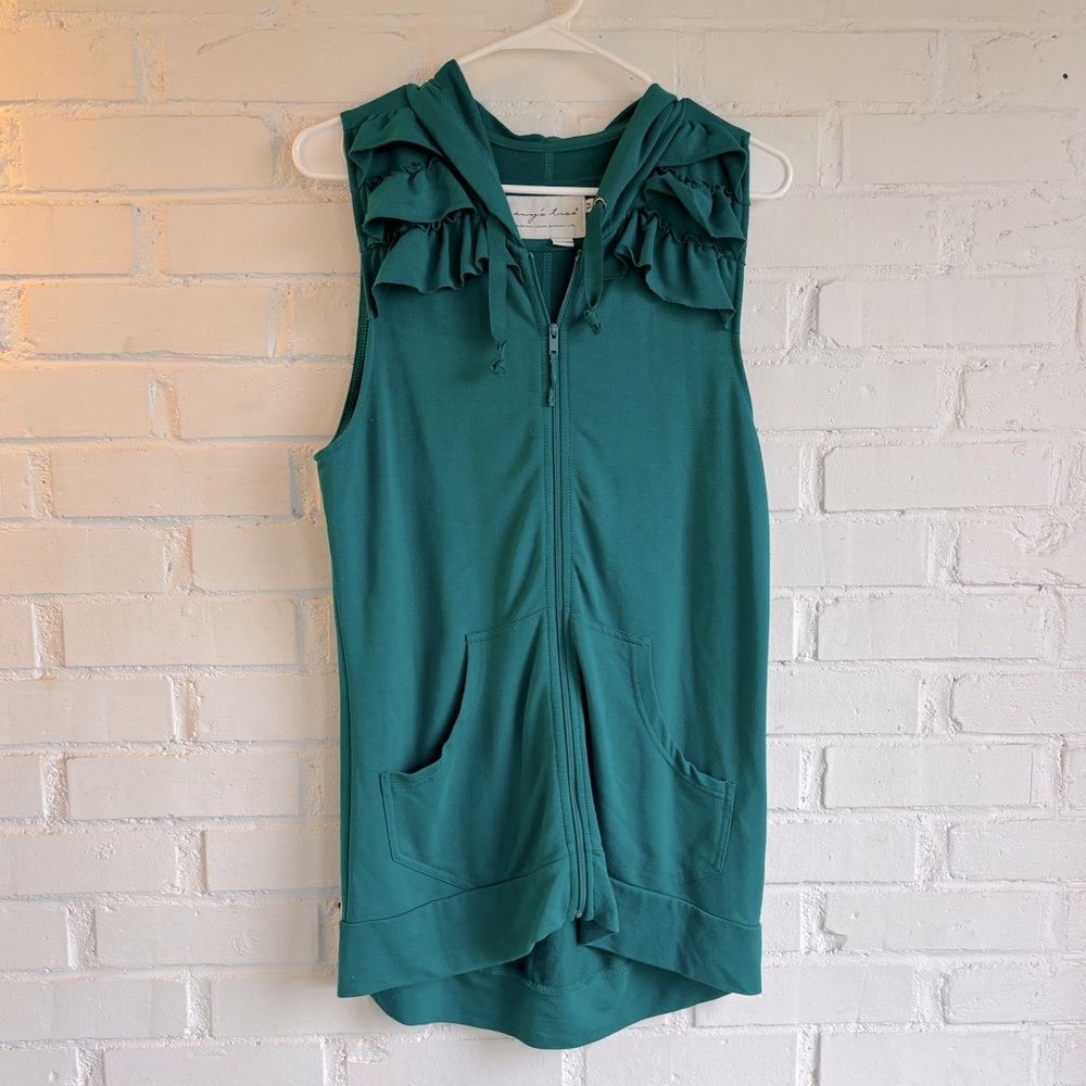 Evy’s Tree Teal Sleeveless Hooded Jacket Vest with Ruffles. Size M